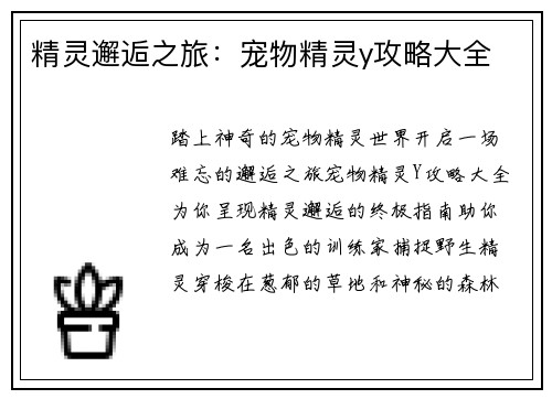 精灵邂逅之旅：宠物精灵y攻略大全